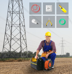 Poster - Set of tools over mature electrician in field