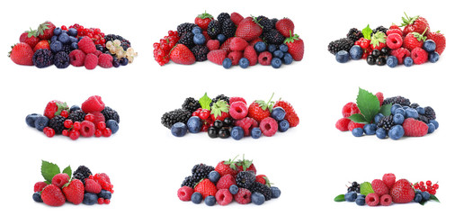 Set of different mixed berries on white background, banner design