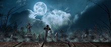 Wooden Surface And Misty Graveyard With Old Creepy Headstones Under Full Moon. Halloween Banner Design