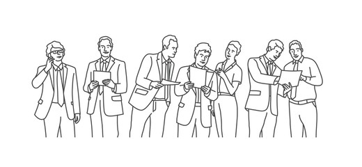 Wall Mural - Business people working. Line drawing vector illustration.