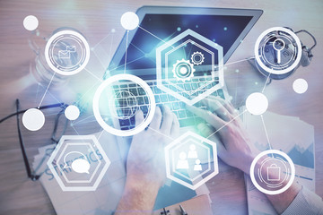 Poster - Social network theme hologram with businessman working on computer on background. Concept of world wide web. Double exposure.