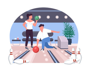 Wall Mural - Couple in bowling alley 2D vector web banner, poster. Two people play game. Friends flat characters on cartoon background. Weekend sport activity printable patch, colorful web element