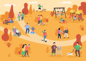 Poster - Rest in autumn park flat color vector illustration. People walking with pets. Park visitors having fun. Pastime. Outdoor recreation area in fall 2D cartoon characters with trees on background