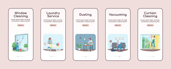 Poster - janitorial services onboarding mobile app screen flat vector template. commercial cleaning. walkthro