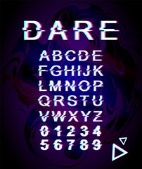 Fototapete - Dare glitch font template. Retro futuristic style vector alphabet set on violet holographic background. Capital letters, numbers and symbols. Challenge typeface design with distortion effect