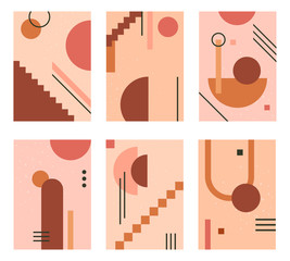Wall Mural - geometric abstract backdrop. contemporary arch and stairs cards, terracotta geometric trendy banners