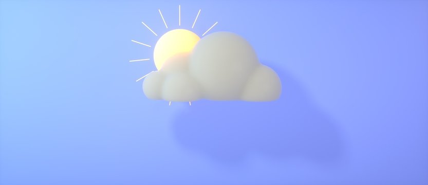 Cartoon cloud with sunny icon on a pastel blue background. Modern icon for website, social media, presentation, design template element. 3d rendering.