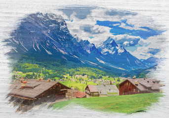 Sticker - Cortina di Ampezzo in Dolomites, Italy, watercolor painting