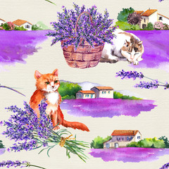 Wall Mural - Cute cats, lavender bouquets. Summer flowers, village houses and butterflies seamless pattern. Vintage basket, floral bunch. Watercolor repeated background