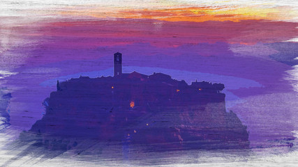 Wall Mural - Watercolor painting of Bagnoregio city in Tuscany at dawn