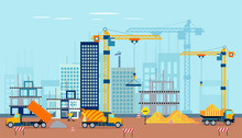 Vector Of A Construction Site With Machinery Building A High Rise Apartment Complex