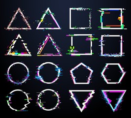 Poster - glitch white frames. distorted circle, square and triangle and polygonal shapes. tv distortion abstr