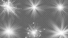 Flares And Rays Effect. White Light Burst, Star Sparkle. Magic Starburst Beam With Glitter, Realistic Sun Glow Vector Isolated Set On Transparent. Glowing Explosion, Bright Shining Effect