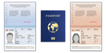 Passport Template. International Open Passport With Sample Personal Data Page Man And Woman Document For Travel And Immigration, Vector Set. Blue Cover With Globe, Realistic Id With Information