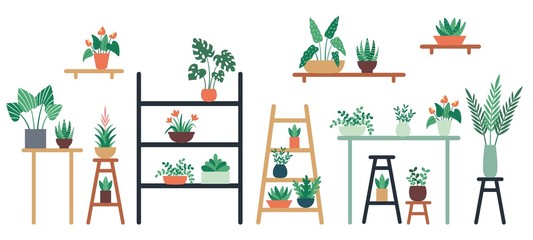 Wall Mural - Houseplants standing on shelf, chair and table in ceramic pots. Home and office interior decoration with different green leaves and flowers of various size. Foliage vector illustration