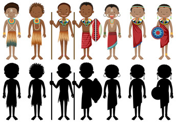 Wall Mural - Set of people of African tribes character with its silhouette