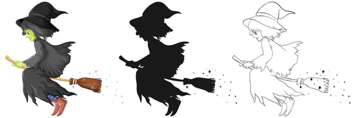 Wall Mural - Witch with broomstick in color and outline and silhouette cartoon character isolated on white background