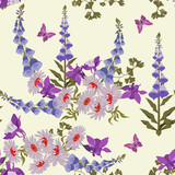 Fototapeta Panele - Chamomile, foxglove, aquilegia, butterflies on a white background. Seamless vector illustration.