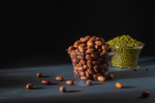 Pinto Beans In Glass Pot With Blurry Mung Bean Image. Photography