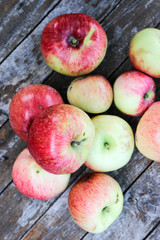 Ripe, bright apples on the table in the garden