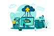 Cloud computing concept in flat style. IT specialists administrate cloud storage scene. Hosting platform, big data processing web banner. Vector illustration with people characters in work situation.