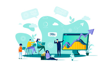 Aufkleber - Business training concept in flat style. Businessman making presentation with charts to his colleagues scene. Career development banner. Vector illustration with people characters in work situation.
