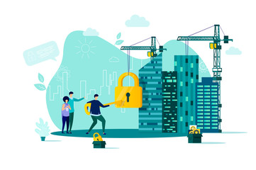 Poster - Real estate concept in flat style. Realtor unlocking lock with key scene. Residential real estate property, engineering and construction banner. Vector illustration with people characters in situation