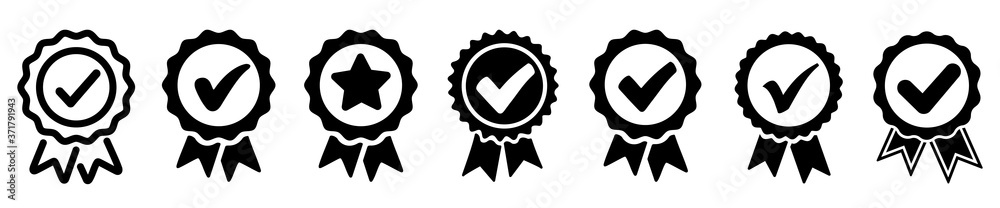 Set approval check icon isolated, approved or verified medal icon. certified badge symbol, quality sign – stock vector - obrazy, fototapety, plakaty 