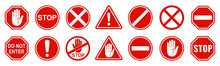 Set Stop Red Sign Icon With White Hand, Do Not Enter. Warning Stop Sign - Stock Vector