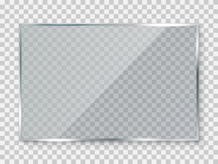 Poster - Glass plate on transparent background, clear glass showcase, realistic window mockup, acrylic and glass texture with glares and light, realistic transparent glass window in rectangle frame vector