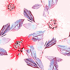  Dahlia flowers seamless pattern, watercolor illustration.