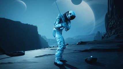 Wall Mural - An astronaut explorer is playing Golf on a beautiful alien planet. Animation for fantasy, futuristic or space travel backgrounds.