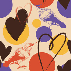 Fototapete - Hearts, birds and abstract color spots seamless pattern