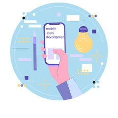 Development of mobile applications or applications for smartphones. hand with the phone.