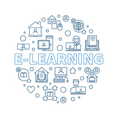 Poster - E-Learning outline vector concept round illustration or banner