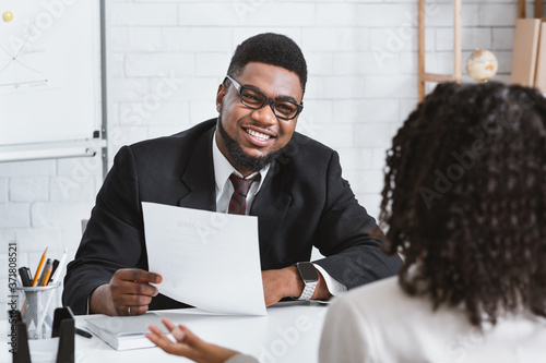 Cuadros en Lienzo Happy personnel manager and young job applicant on work interview at company off