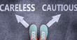 Careless and cautious as different choices in life - pictured as words Careless, cautious on a road to symbolize making decision and picking either Careless or cautious as an option, 3d illustration