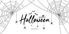 Happy Halloween Text Banner With Spiders And Web, Bat And Cat.  Background For Halloween Banner, Invitation, Card With Spiderweb And Spider. Vector