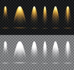 Poster - Set of spotlight. Scene illumination collection isolated on transparent background. Scene spotlights. Vector transparent light effects with rays and beams.