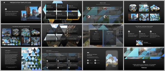 Sticker - Vector templates for website design, presentations, portfolio. Templates with triangles, triangular pattern for presentation slides, flyer, leaflet, brochure cover. Backgrounds with place for photo.