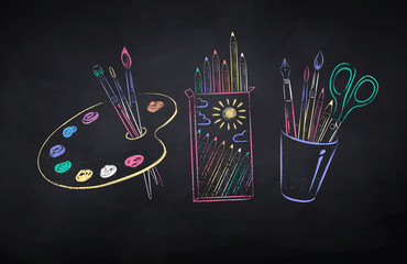 Wall Mural - chalk drawn illustration set of artists supplies