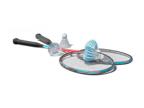 3d rendering of badminton racket with shuttlecocks for adults on white background with shadow
