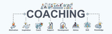 Coaching Banner Web Icon For Training And Success, Motivation, Inspiration, Teaching, Coach, Learning, Knowledge, Support And Advice. Minimal Vector Infographic.