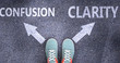 Confusion and clarity as different choices in life - pictured as words Confusion, clarity on a road to symbolize making decision and picking either Confusion or clarity as an option, 3d illustration