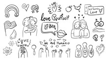 LGBTQ Concept Black And White Line Art Hand Draw Doodle Style Illustration. Lesbian, Gay, Bisexual, Transgender, Queer