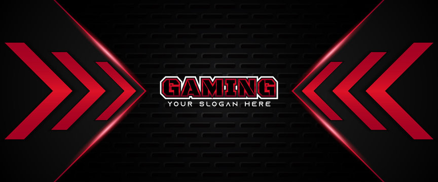 Futuristic red and black abstract gaming banner design with metal technology concept. Vector illustration can use for business corporate promotion, game header social media, live streaming wallpaper