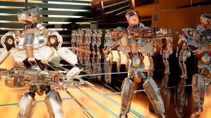 Wall Mural - military robots-androids arrived on a spaceship to an alien planet for its colonization. 3d renderin