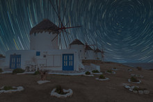 Windmill From Mykonos Greece By Night With Stars. 