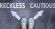 Reckless and cautious as different choices in life - pictured as words Reckless, cautious on a road to symbolize making decision and picking either Reckless or cautious as an option, 3d illustration