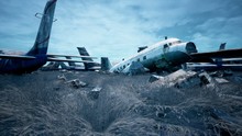 Abandoned And Destroyed Planes Are In The Field. A Lot Of Rusty, Forgotten And Broken Planes. 3D Rendering.